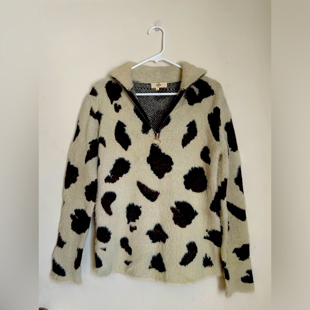 Women Entro Animal Print Fuzzy Quarter Zip Pullover Sweater Size Small